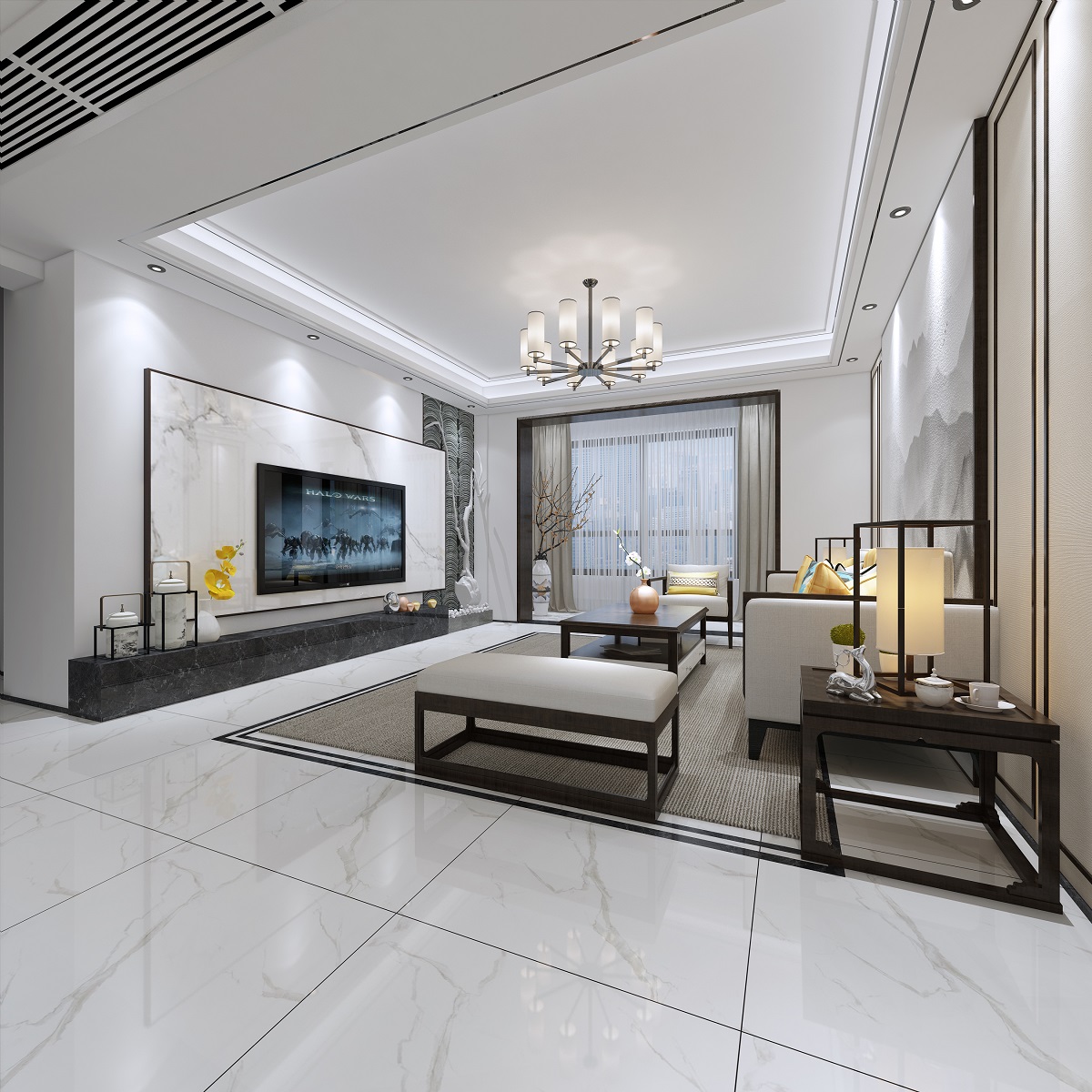 新中式风格室内装修设计效果图-中海文华熙岸三居115平米-室内装修设计客厅 新中式风格室内装修设计效果图-中海文华熙岸三居115平米-室内装修设计客厅